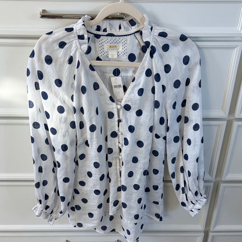 Maeve Navy and White Polka Dot Blouse